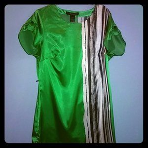 Ashley Stewart Green Satin Like Striped Long Top Sz. 12